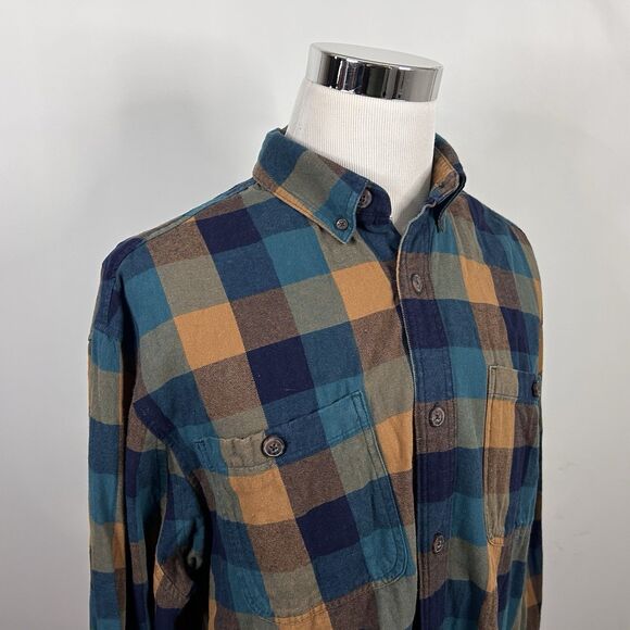 Duluth Trading Co Large Relaxed Fit Flannel Work Shirt Blue Beige Plaid Cotton - Picture 1 of 5